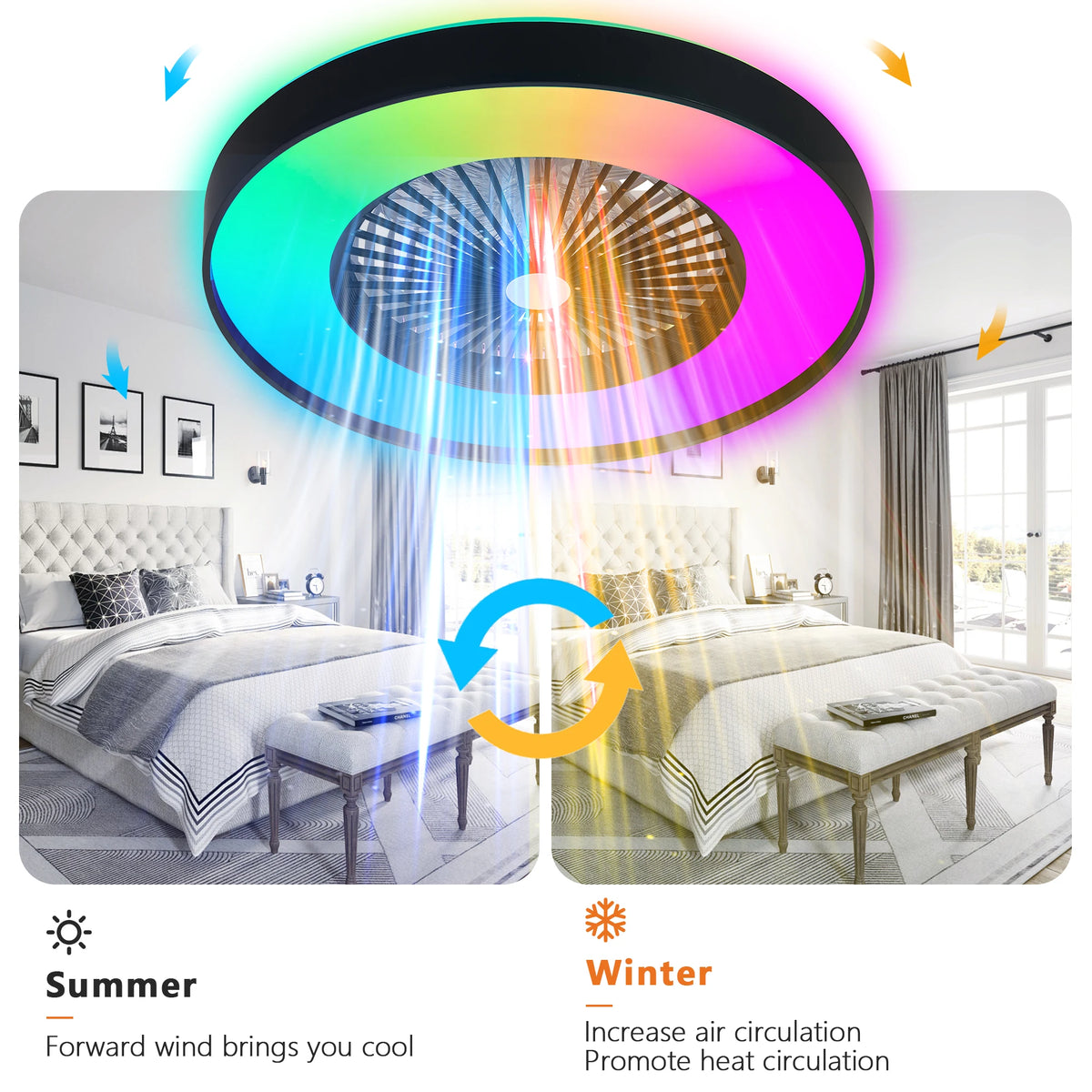 23" Smart Ceiling Fan with RGB LED Light – Black