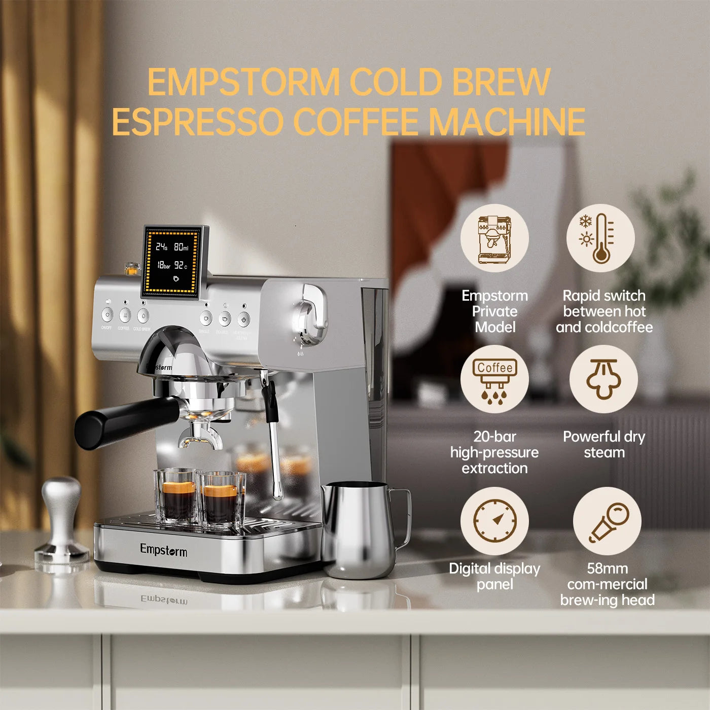 Empstorm Semi-Automatic Espresso Coffee Machine 20 Bar – 1350W Cold Brew & Milk Foam Maker with 1.5L Detachable Tank (EM-CB2-1)