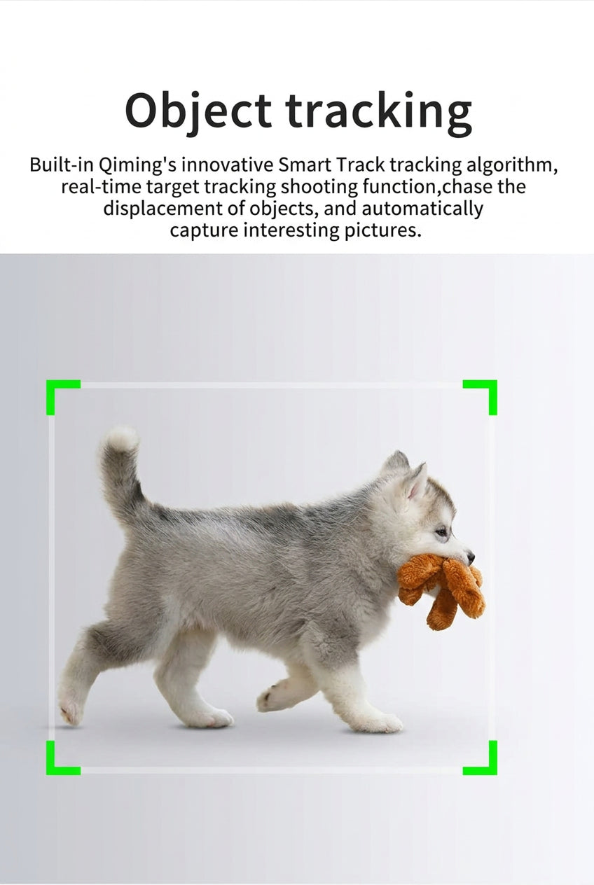 A promotional graphic with the headline 'Object tracking' above a photo of a small gray-and-white puppy carrying a brown plush toy in its mouth, walking on a wet concrete surface. Green corner brackets and tracking lines overlay the puppy, and descriptive text appears at the top about Qiming's Smart Track tracking algorithm.