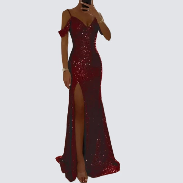 Dress Shiny Sequins Off Shoulder V Neck Maxi Dress