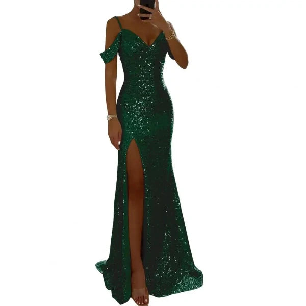 Dress Shiny Sequins Off Shoulder V Neck Maxi Dress
