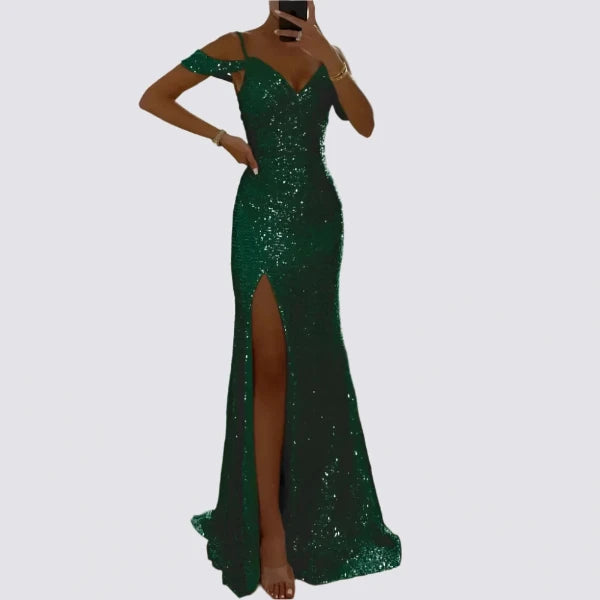 Dress Shiny Sequins Off Shoulder V Neck Maxi Dress