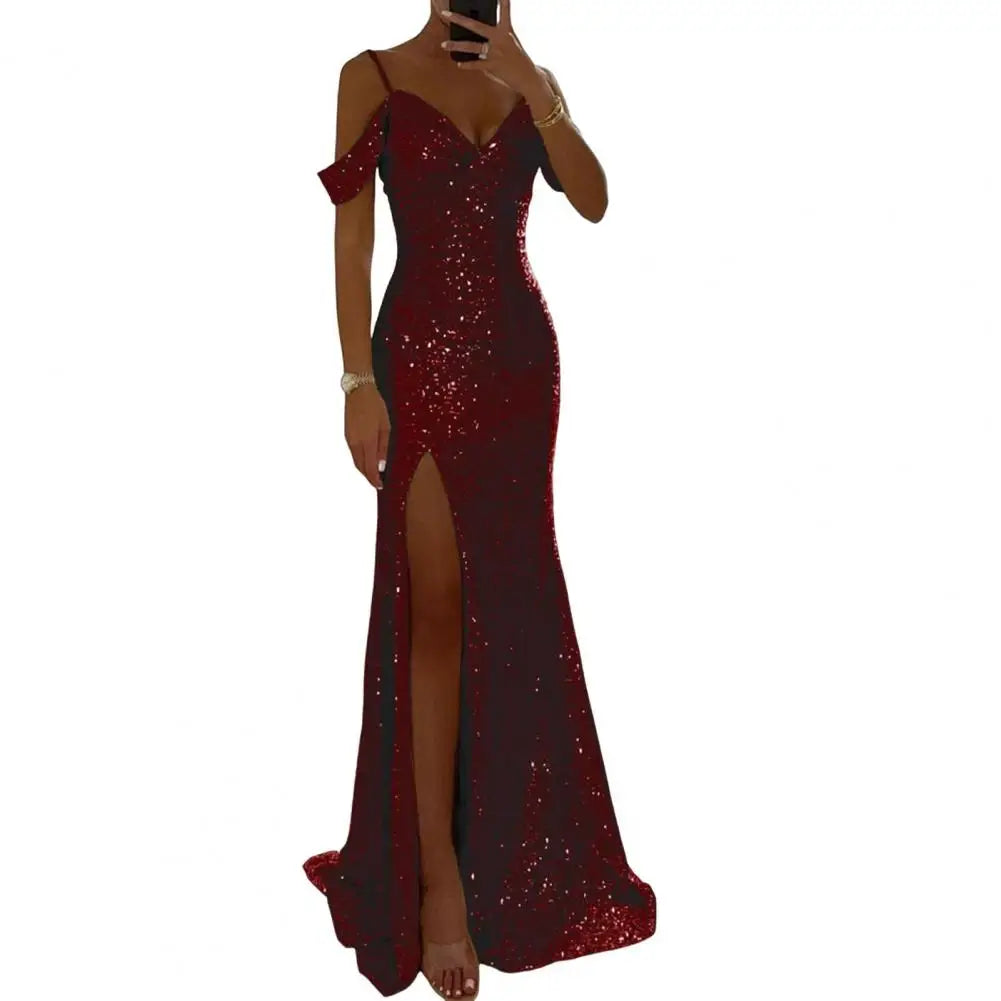 Dress Shiny Sequins Off Shoulder V Neck Maxi Dress