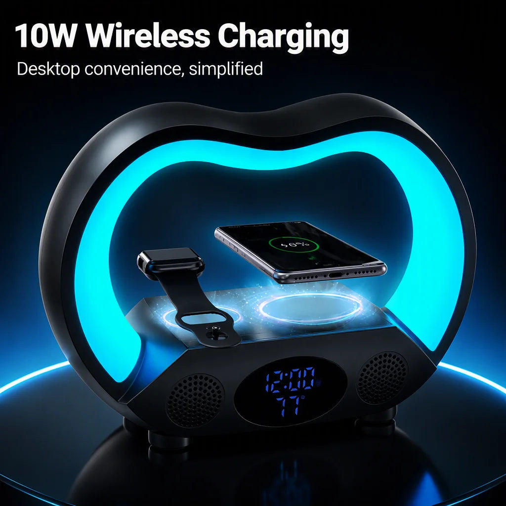 All-in-One Wireless Charging Station with RGB Night Light, Speaker & Smart Alarm