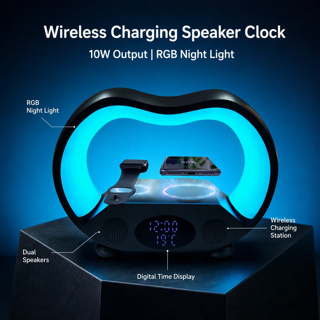 All-in-One Wireless Charging Station with RGB Night Light, Speaker & Smart Alarm