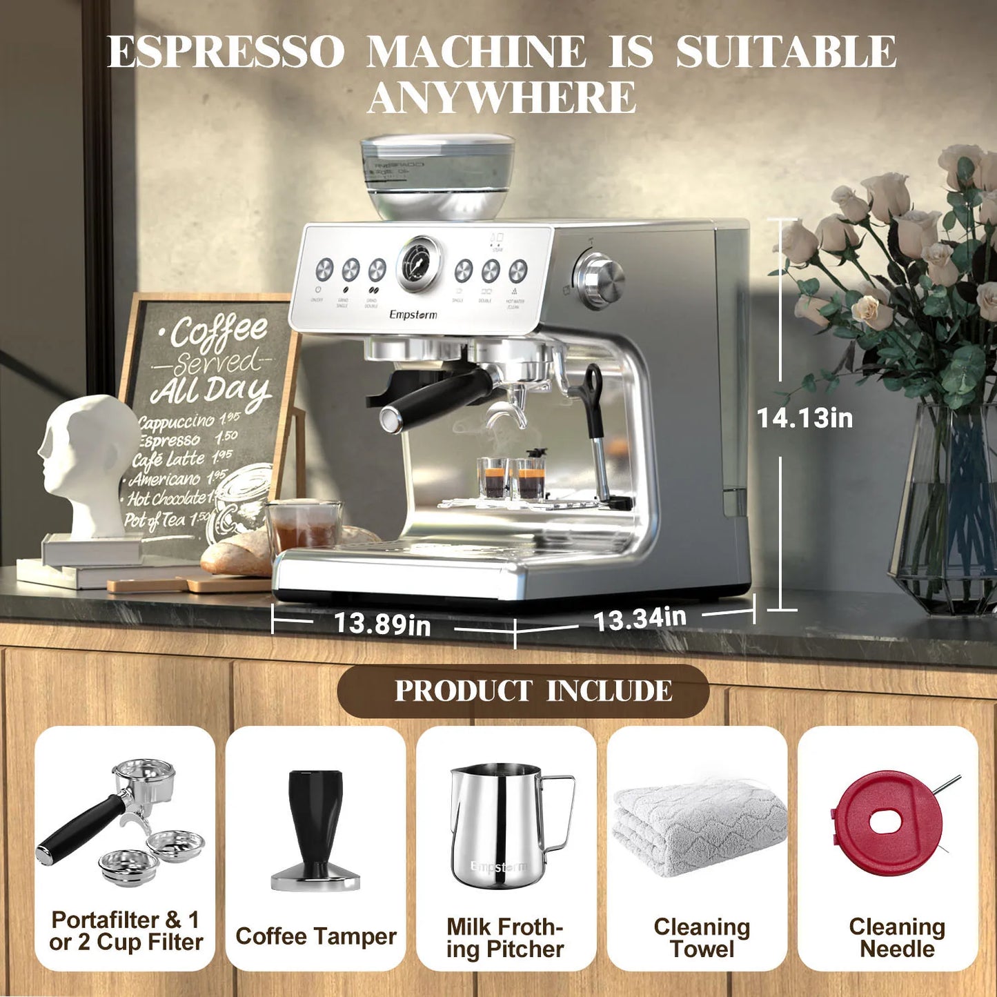 Empstorm Semi-Automatic Espresso Coffee Machine 20 Bar – 1450W Stainless Steel 304 Coffee Maker with 3L Tank (EM-21M)