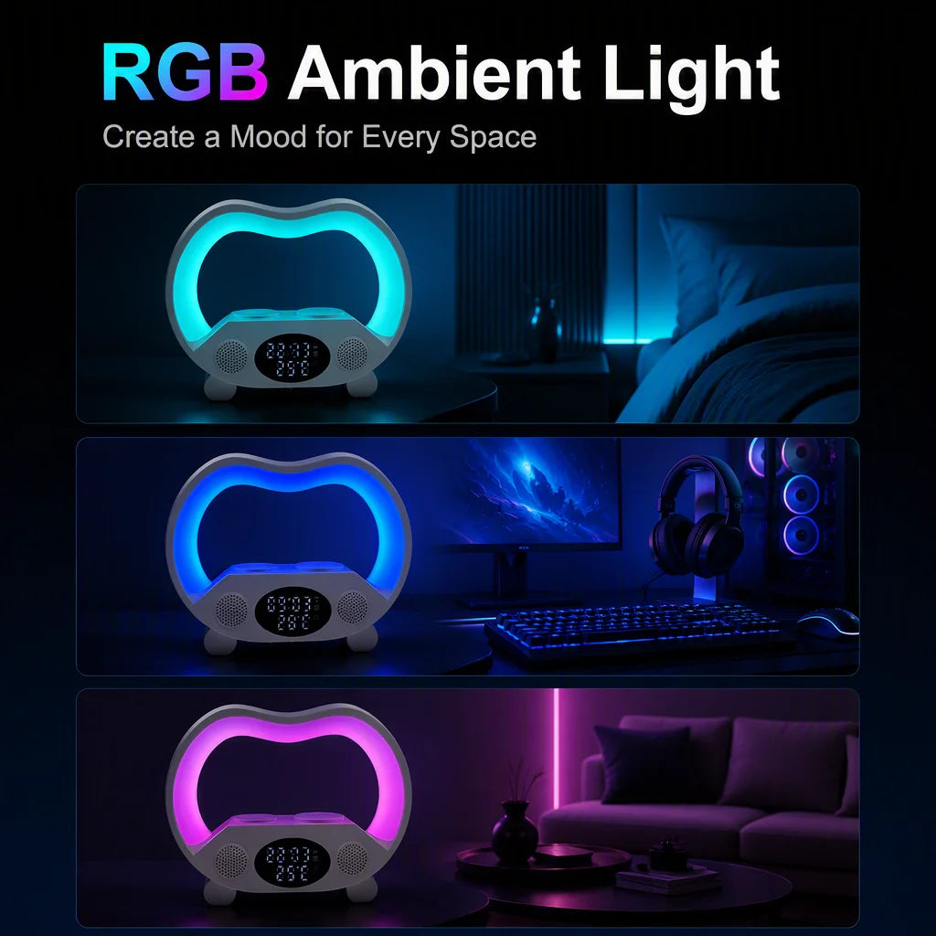 All-in-One Wireless Charging Station with RGB Night Light, Speaker & Smart Alarm