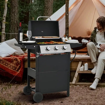 26,000 BTU Propane Gas Grill with 3 Burners – Stainless Steel BBQ with Lid, Side Shelves & Wheels