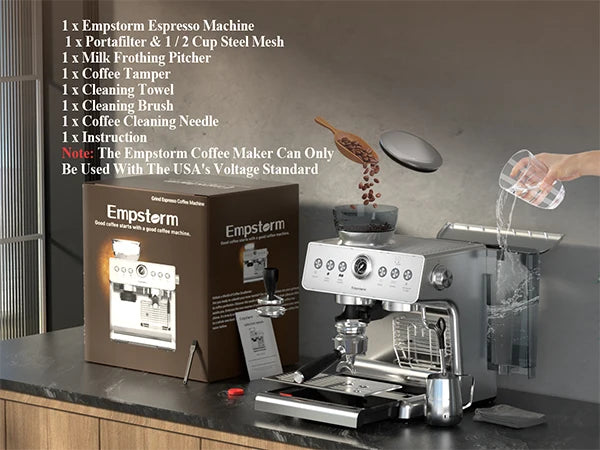Empstorm Semi-Automatic Espresso Coffee Machine 20 Bar – 1450W Stainless Steel 304 Coffee Maker with 3L Tank (EM-21M)
