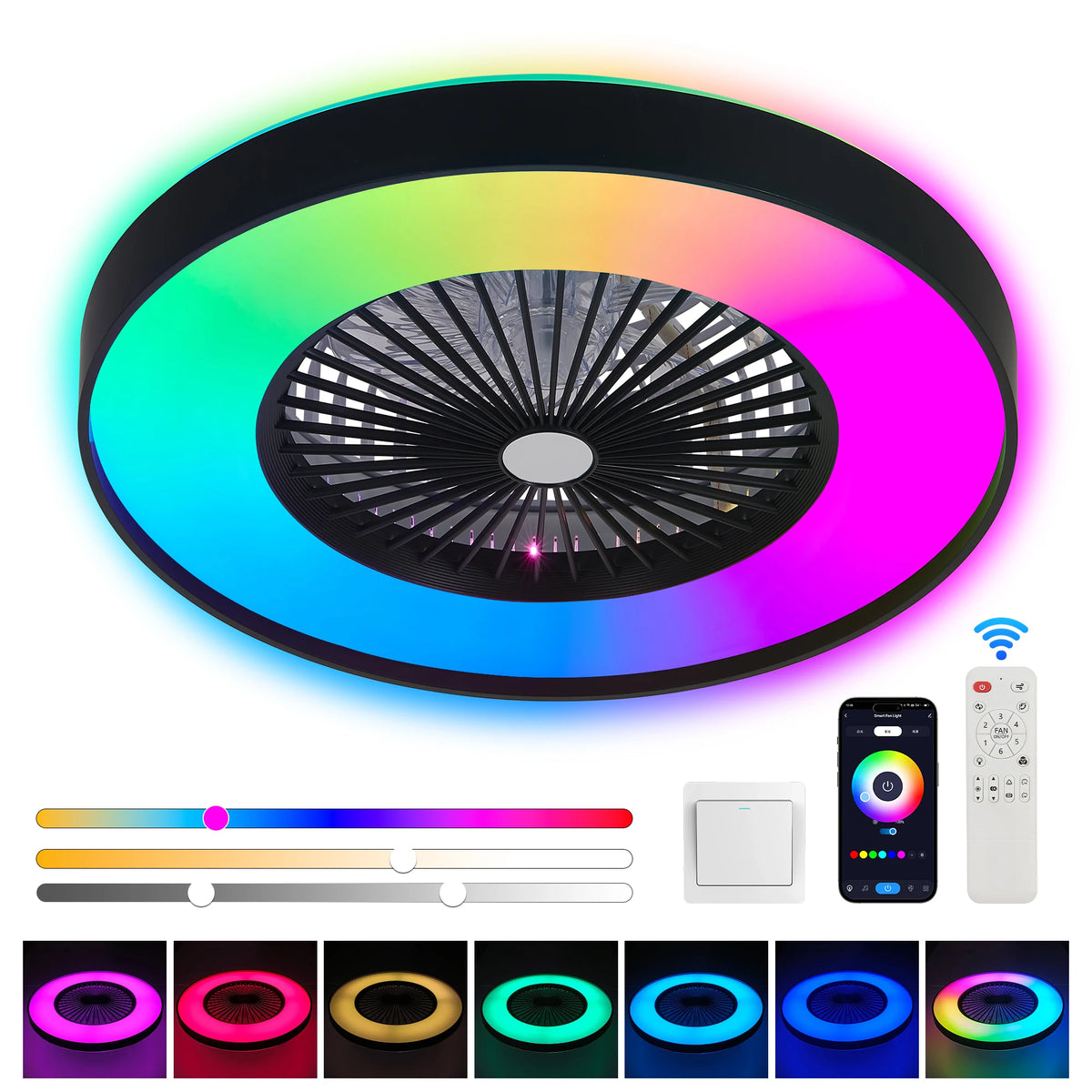 23" Smart Ceiling Fan with RGB LED Light – Black