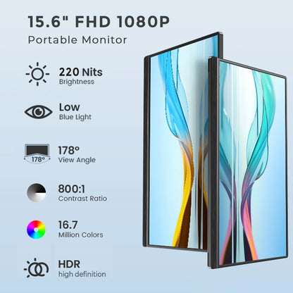 15.6” Ultra-Slim Portable Monitor – FHD 1080P IPS, 60Hz, USB-C, Dual Speakers