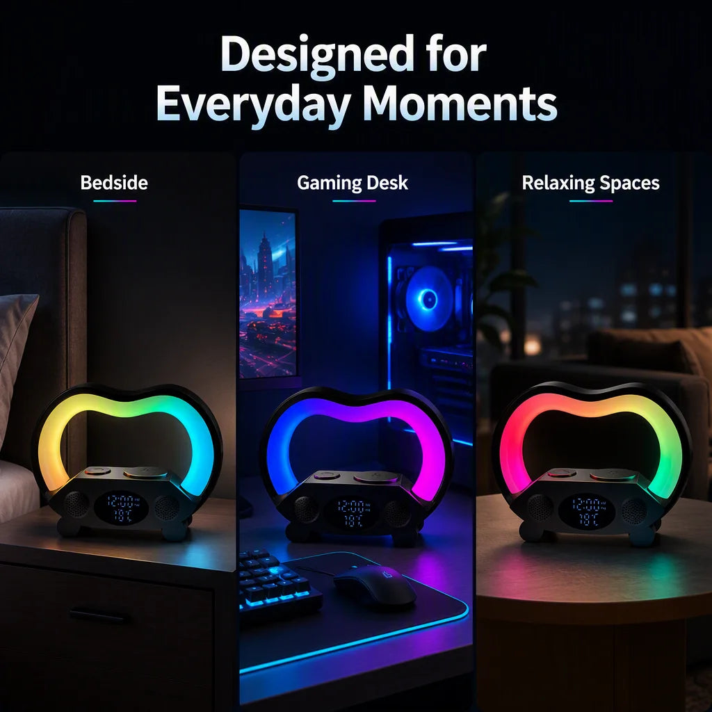 All-in-One Wireless Charging Station with RGB Night Light, Speaker & Smart Alarm