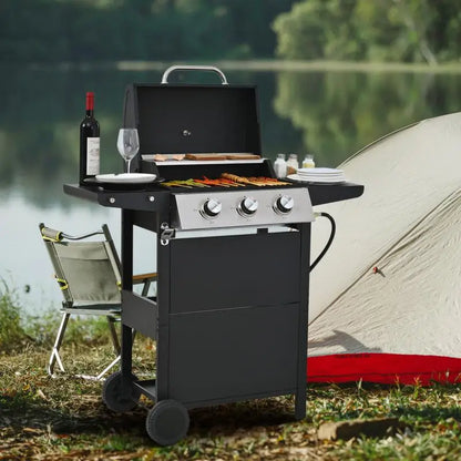 26,000 BTU Propane Gas Grill with 3 Burners – Stainless Steel BBQ with Lid, Side Shelves & Wheels
