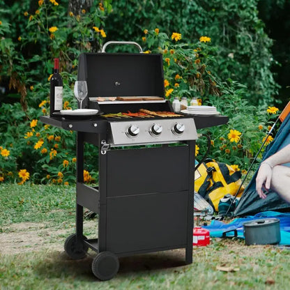 26,000 BTU Propane Gas Grill with 3 Burners – Stainless Steel BBQ with Lid, Side Shelves & Wheels