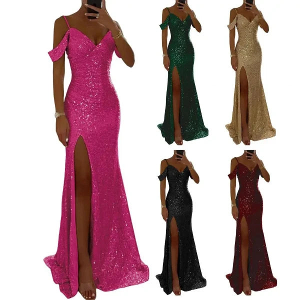 Dress Shiny Sequins Off Shoulder V Neck Maxi Dress