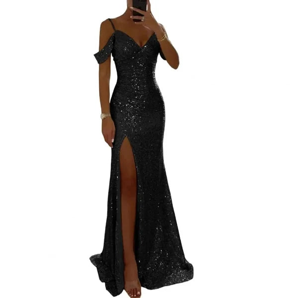 Dress Shiny Sequins Off Shoulder V Neck Maxi Dress