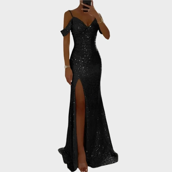 Dress Shiny Sequins Off Shoulder V Neck Maxi Dress