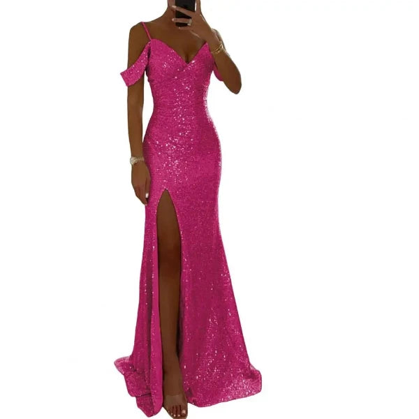 Dress Shiny Sequins Off Shoulder V Neck Maxi Dress